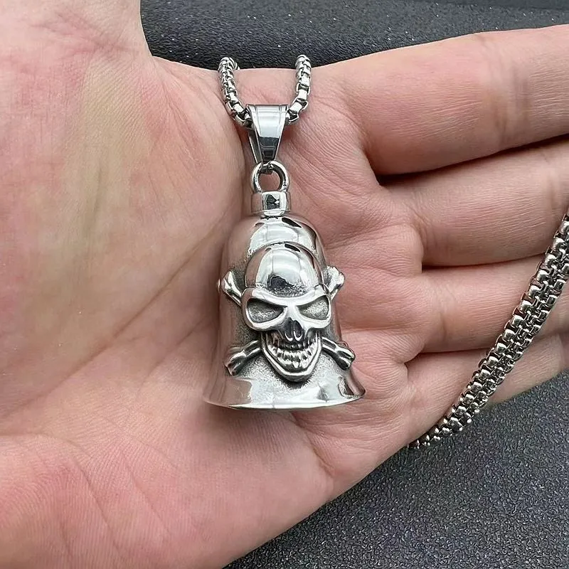 Hip Hop Vintage Punk Men's Motorcycle Style Titanium Steel Skull Head Riding Exorcism Bell Pendant