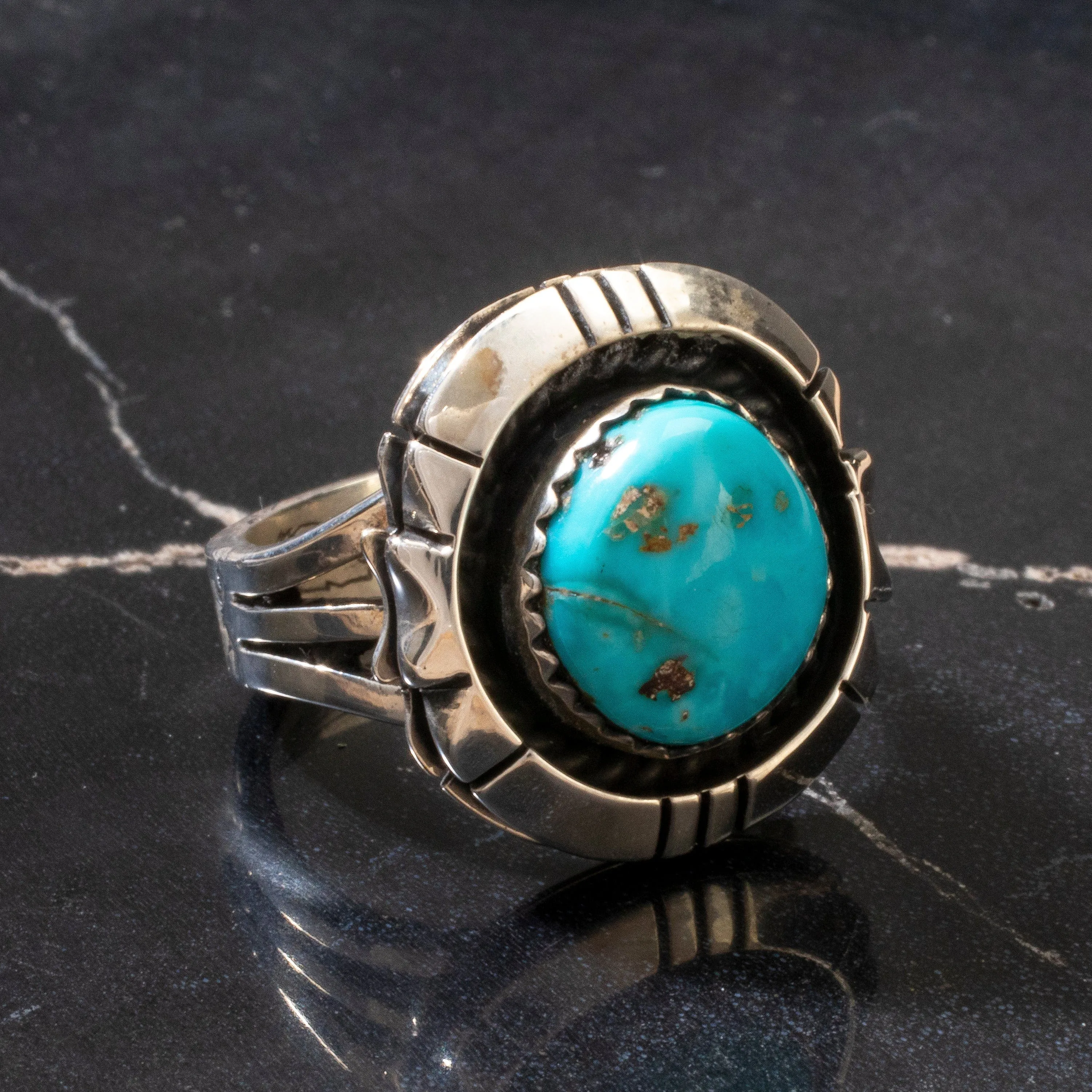 Joe Piaso Jr. Sleeping Beauty Turquoise Feather Navajo USA Native American Made 925 Sterling Silver Ring