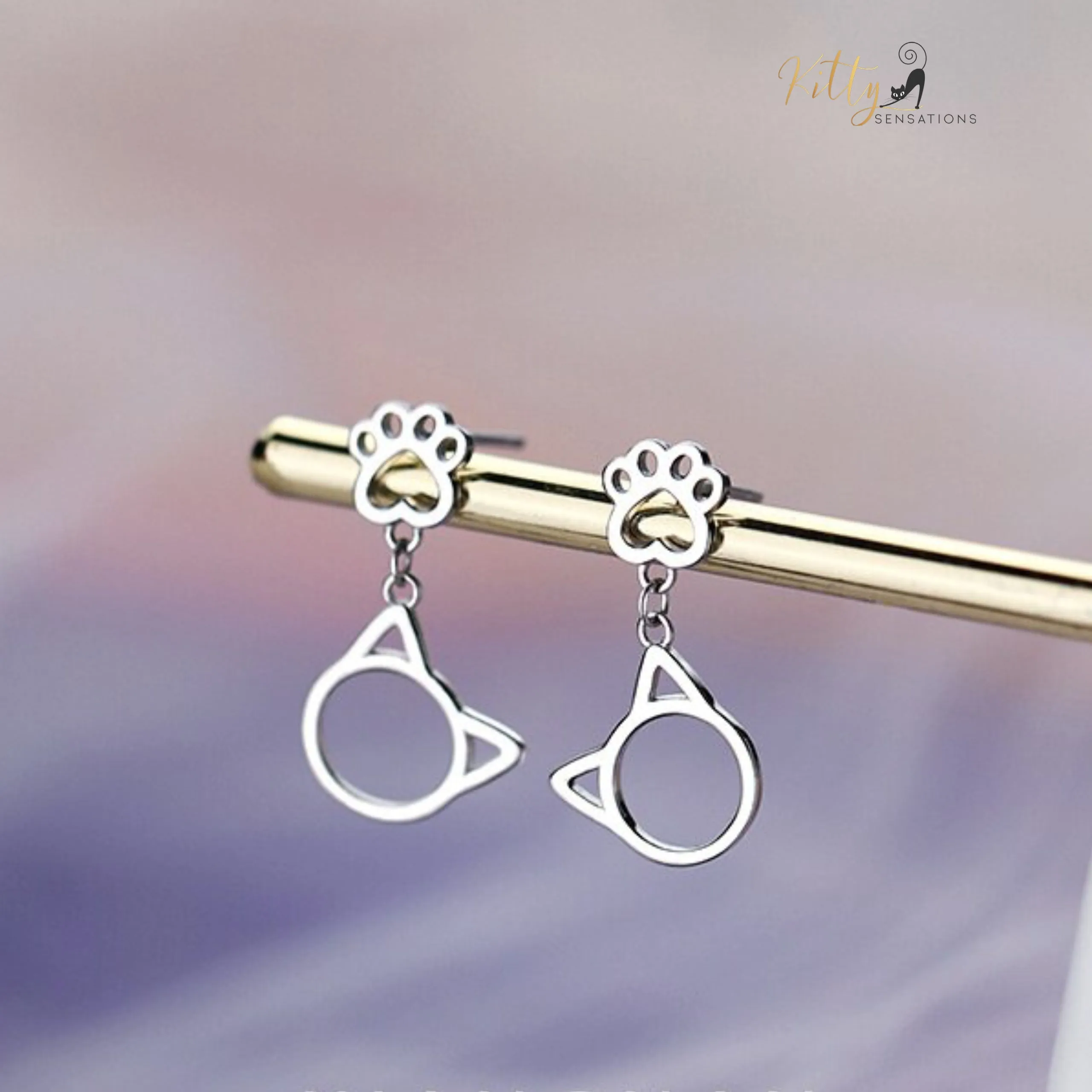 Kitty Face Kitty Paw Drop Earrings in Solid 925 Sterling Silver