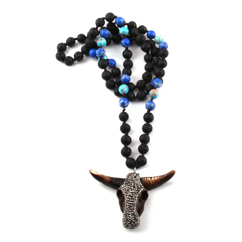 Lava Rock Turquoise Longhorn Steer Western Long Necklace