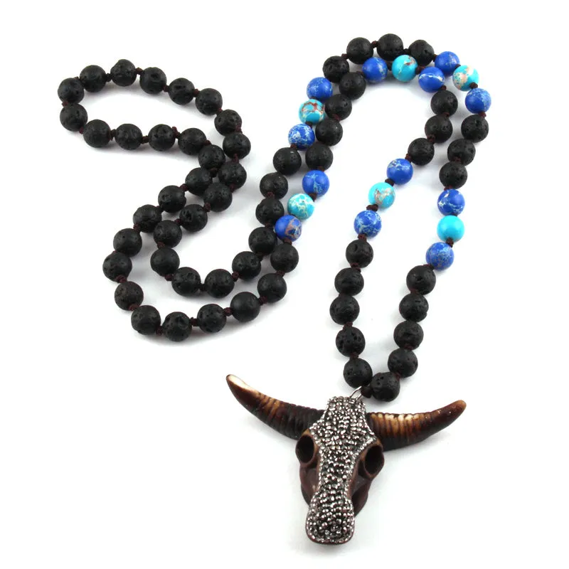 Lava Rock Turquoise Longhorn Steer Western Long Necklace