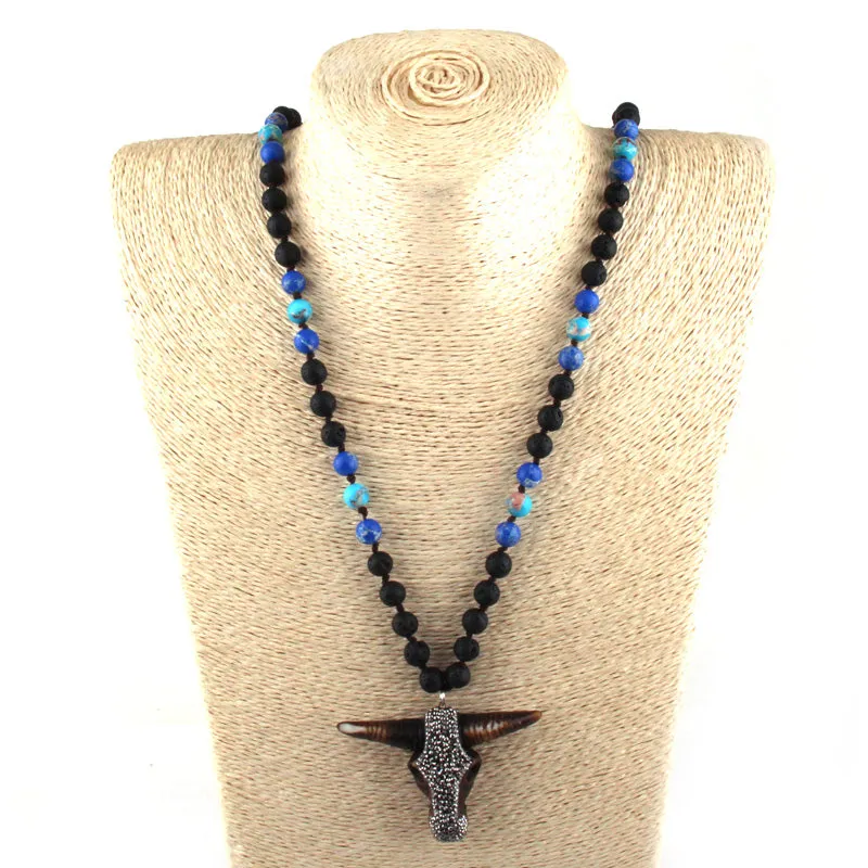 Lava Rock Turquoise Longhorn Steer Western Long Necklace