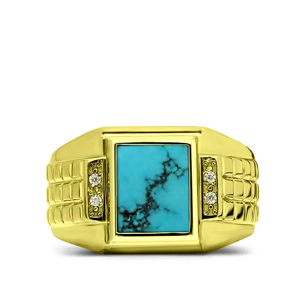 Mens Heavy 14K Gold Engagement Ring 0.08ct Natural 4 Diamonds and Blue Turquoise Stone