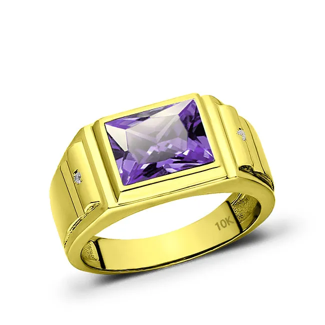 Mens Ring Solid 10K Gold Purple Amethyst 2 Natural Diamonds Fine Ring for Man