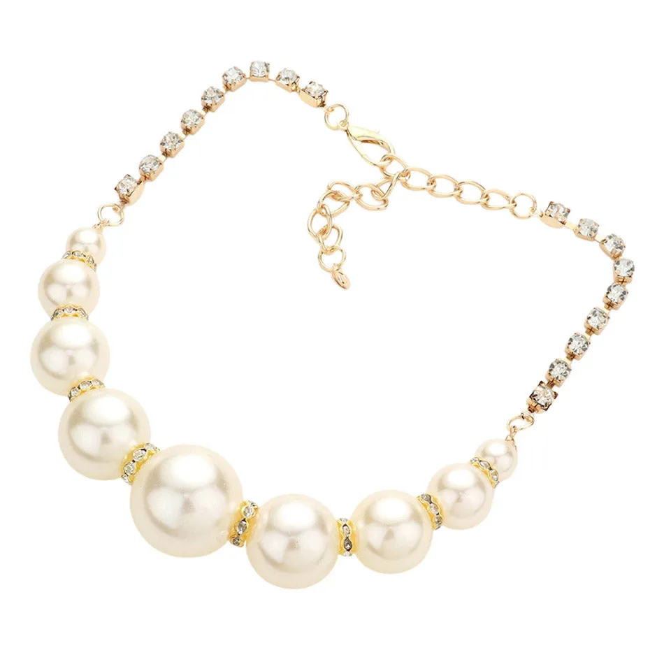 Multi Sized Pearl Round Stone Necklace Earring Set