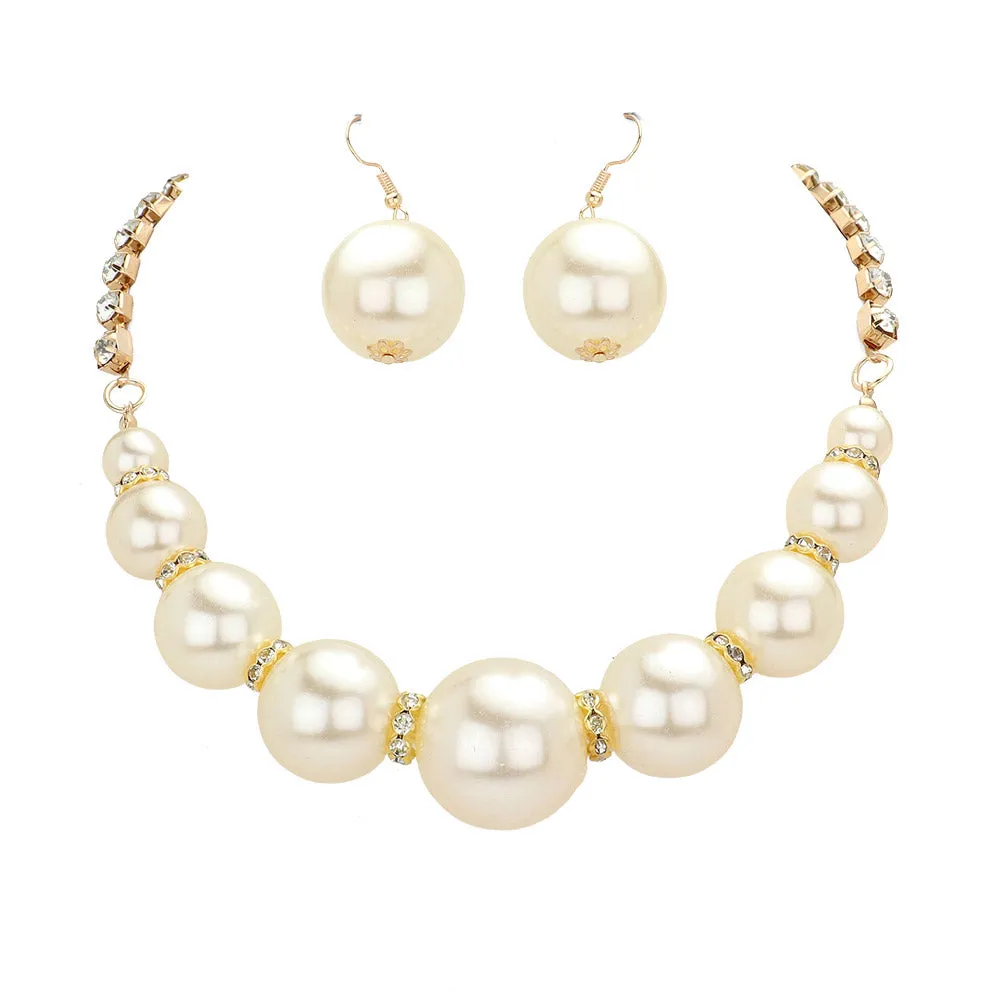 Multi Sized Pearl Round Stone Necklace Earring Set