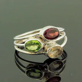 Natural Birthstone, Faceted Peridot, Garnet, Citrine Ring, Silver Rings Women, Multistone, Birthstone Jewelry, Gift