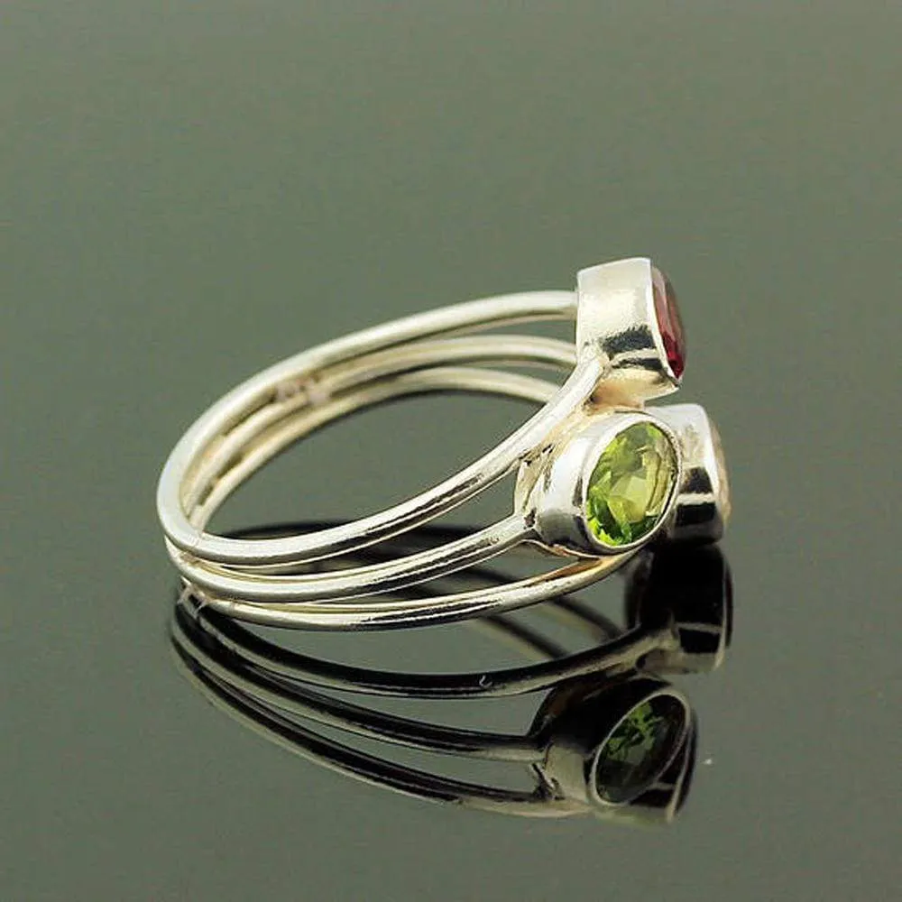 Natural Birthstone, Faceted Peridot, Garnet, Citrine Ring, Silver Rings Women, Multistone, Birthstone Jewelry, Gift