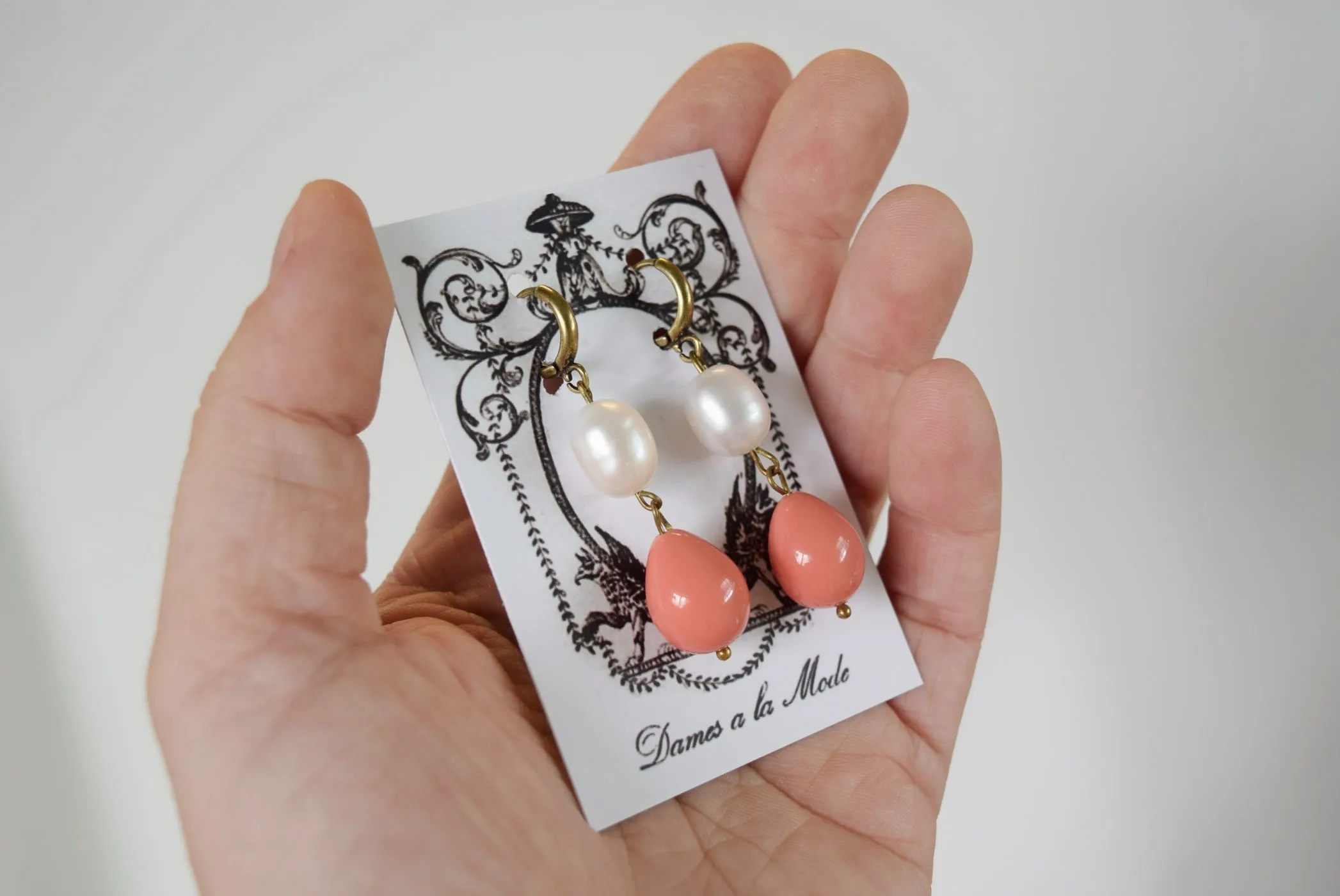 Pink Coral Shell and Pearl Earrings