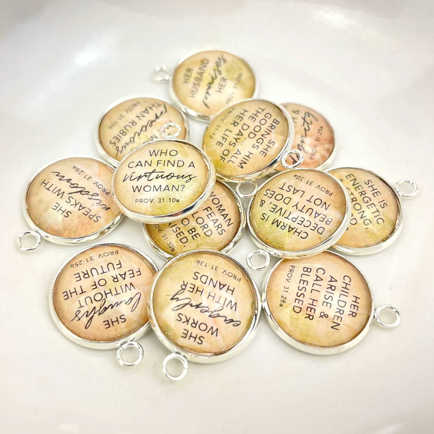 Proverbs 31 Woman - Set of 12 Scripture Charms for Jewelry Making, 16 or 20mm, Silver