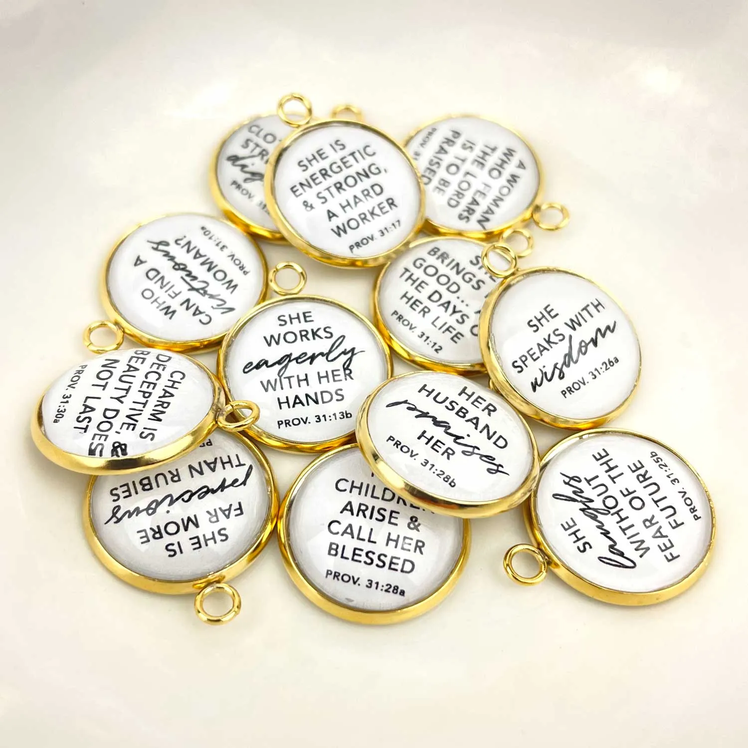 Proverbs 31 Woman - Set of 12 Scripture Charms for Jewelry Making, 16 or 20mm, Silver