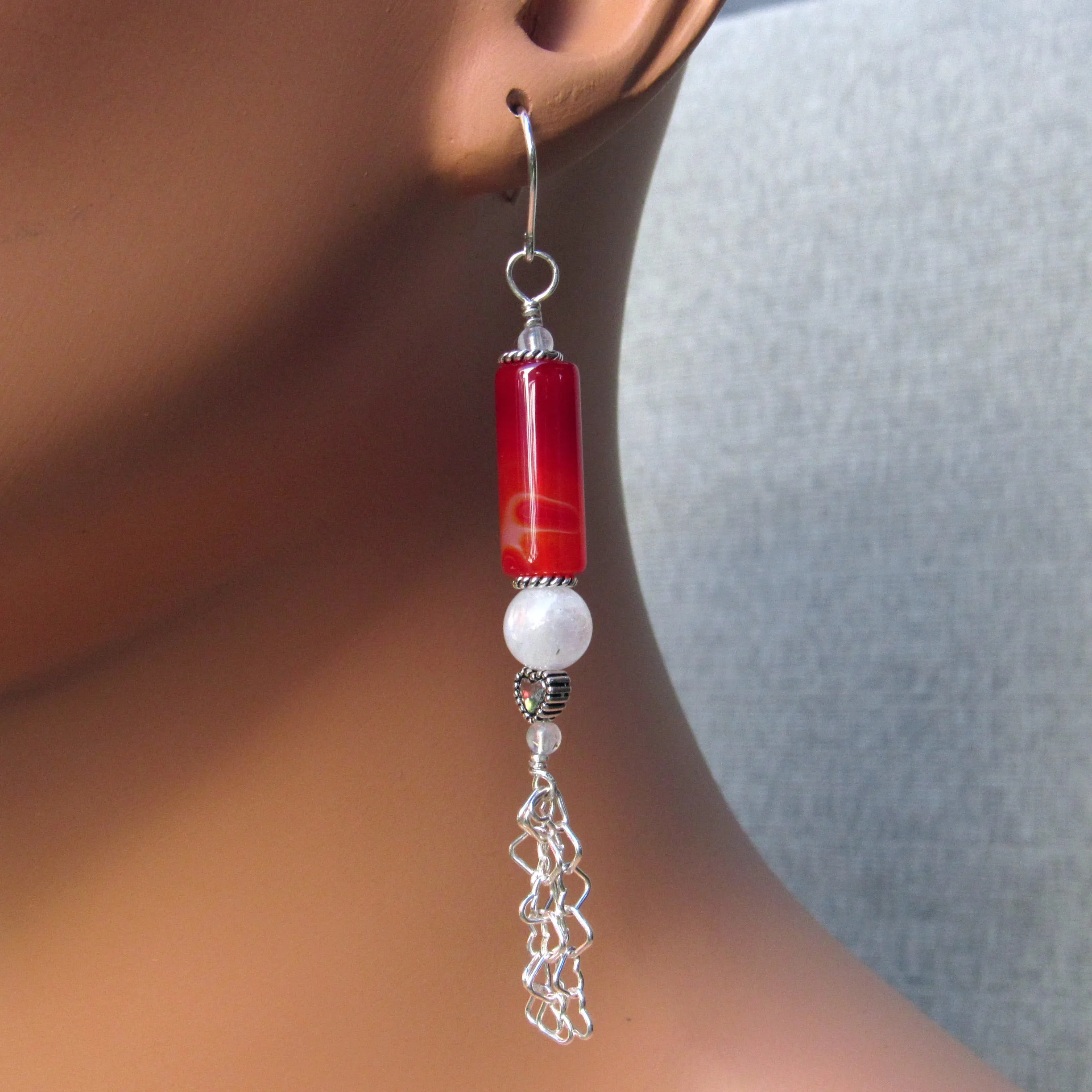 Red Agate Gemstone, Moonstones, Sterling Silver Drop Earrings