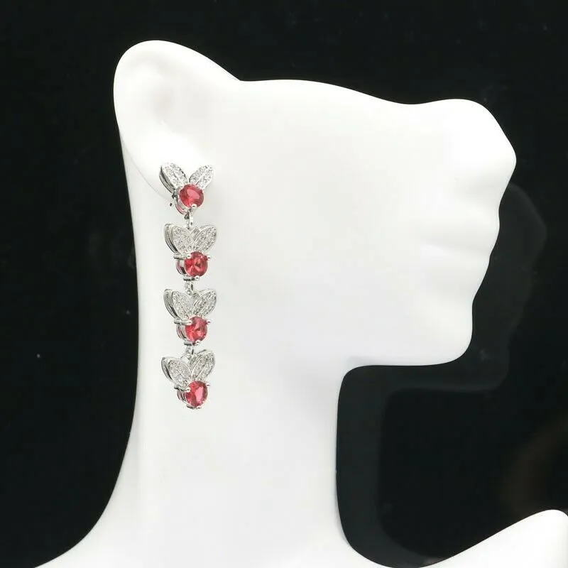 Red Ruby White Pave Sapphire 4 Level Drop Long Earrings