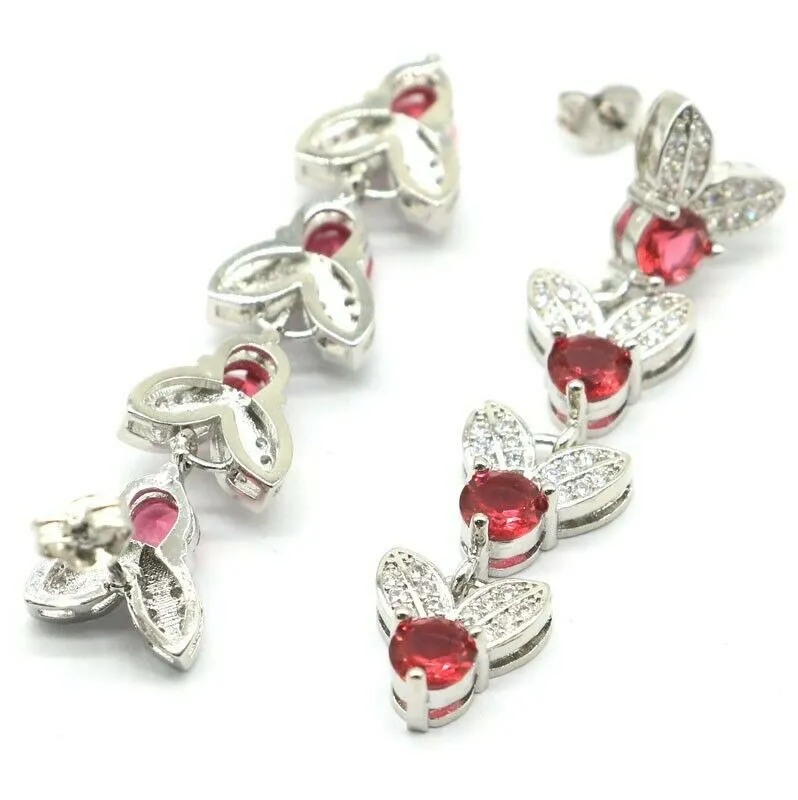 Red Ruby White Pave Sapphire 4 Level Drop Long Earrings