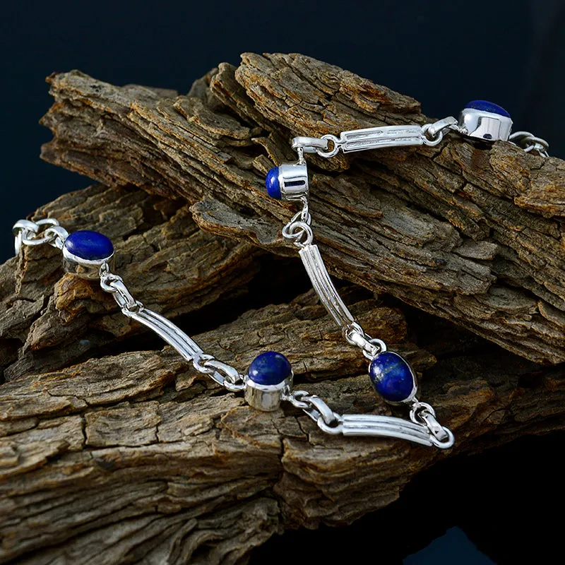 Riyo Genuine Gems Oval Faceted Navy Blue Lapis Lazuli Silver Bracelet gift for grandmom