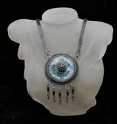 Roman Glass Large Stone Necklace Silver 925 Hand Made Special Chain Certificate