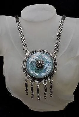 Roman Glass Large Stone Necklace Silver 925 Hand Made Special Chain Certificate