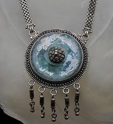 Roman Glass Large Stone Necklace Silver 925 Hand Made Special Chain Certificate