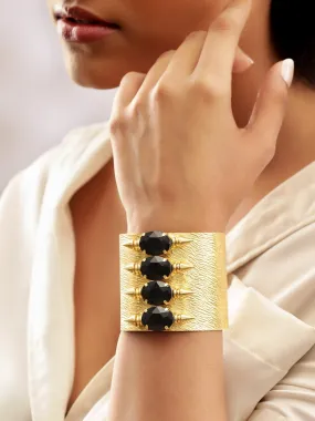 Rubans 22K Gold plated Black crystal Studded  hammered textured Statement adjustable bracelet