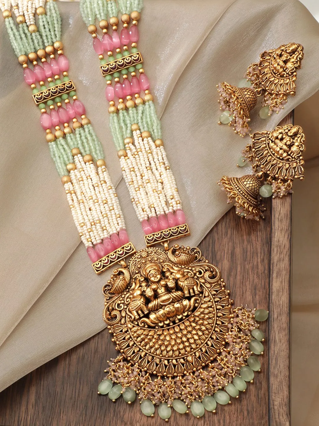 Rubans 22K Gold Plated Captivating Pastel & Pearl Beaded Handcrafted Temple Jewellery Set