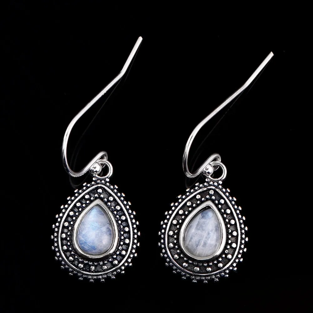 Small Sterling Silver Natural Rainbow Moonstone Teardrop Dangle Earrings