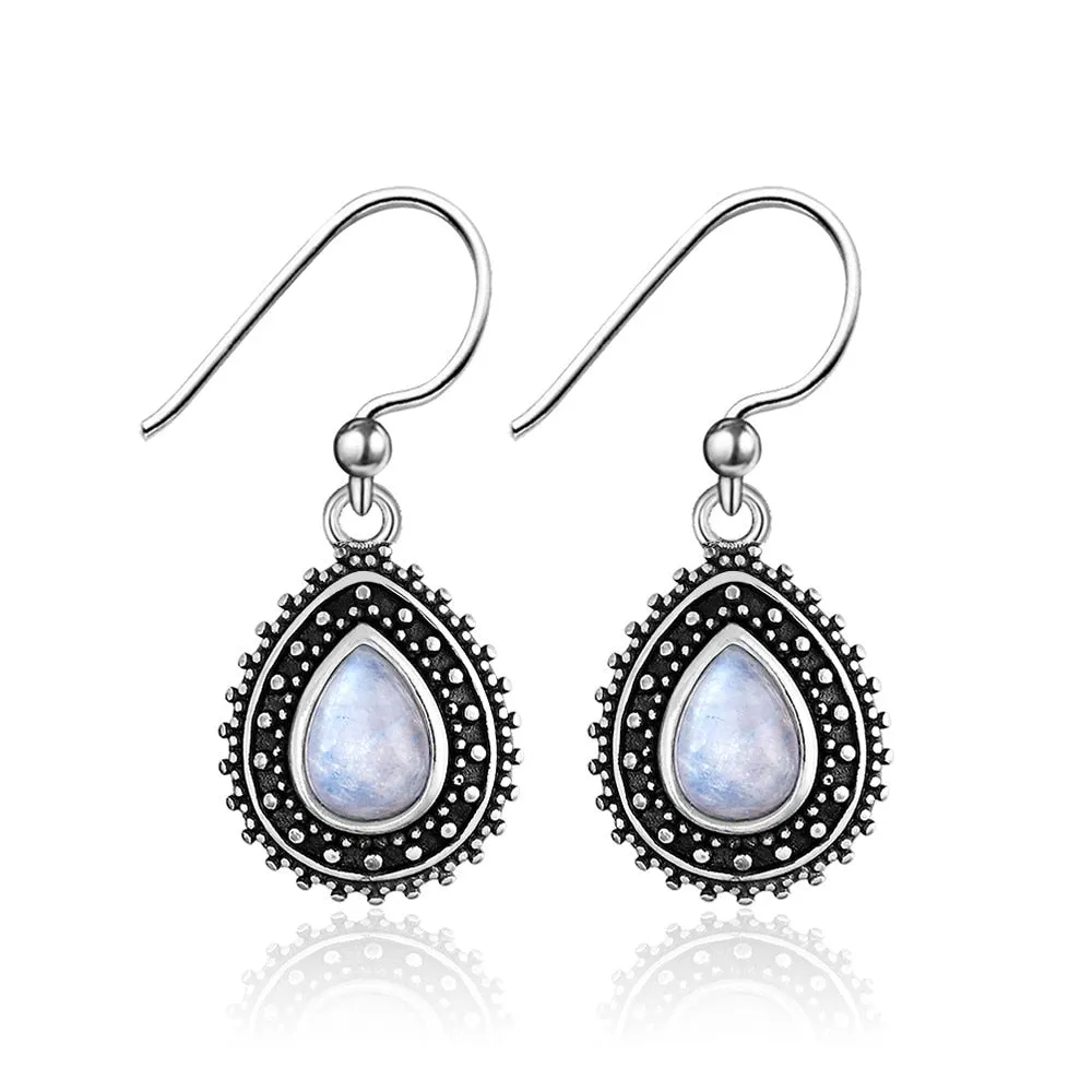 Small Sterling Silver Natural Rainbow Moonstone Teardrop Dangle Earrings