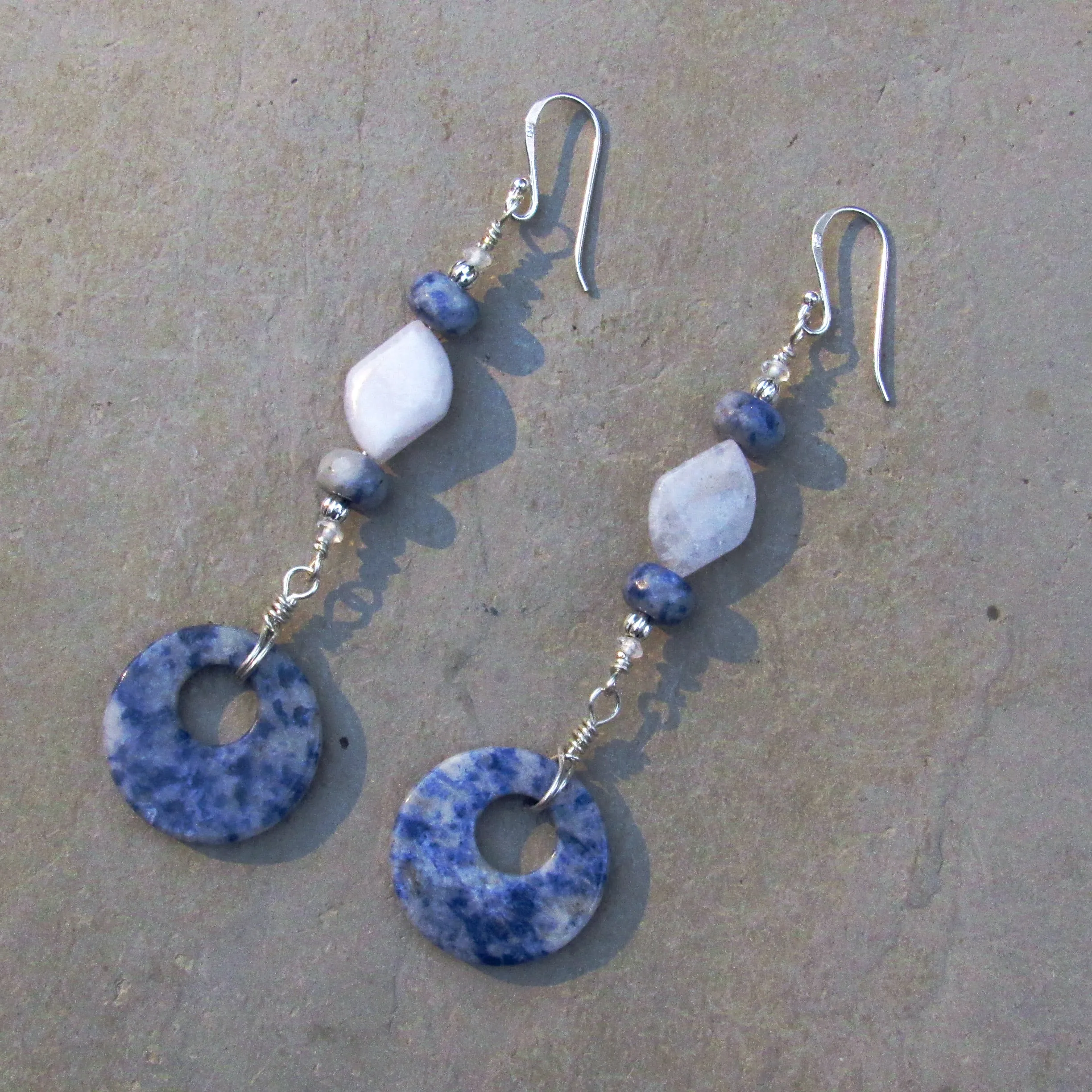 Sodalite gemstone, Blue Lace Agate, White topaz, and Sterling Silver Drop Earrings