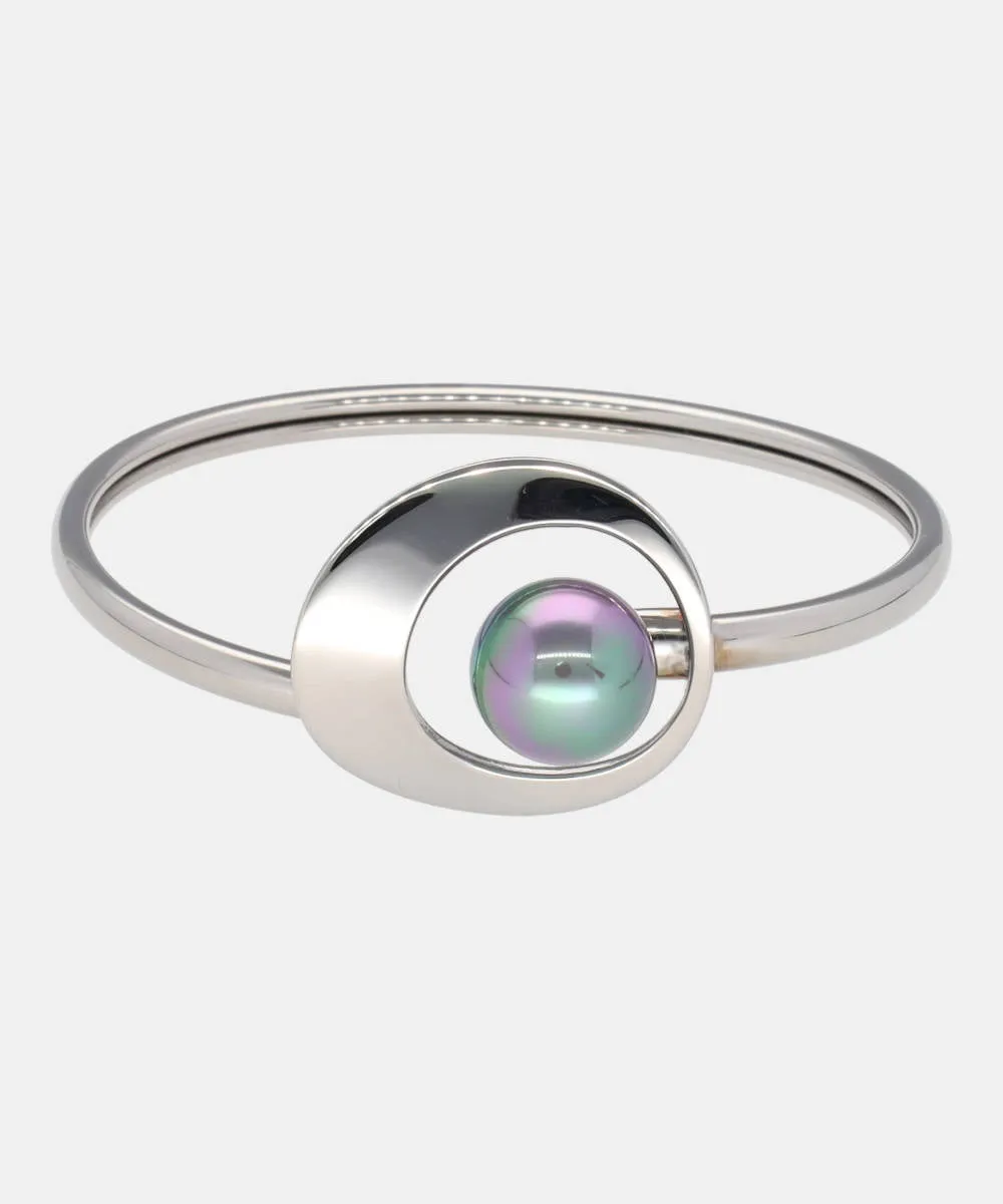 Stainless Steel Bangle Bracelet for Women, 12mm Round Grey Pearl, 17.7 Diameter, Petra Collection