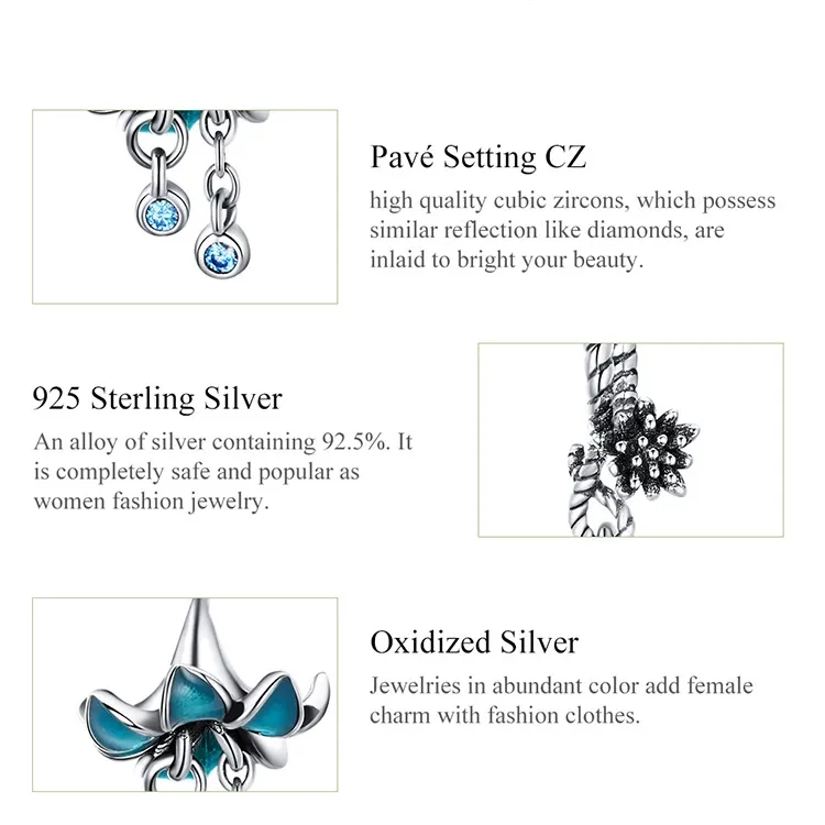 Sterling Silver Pandora Style Blue Lily Charm