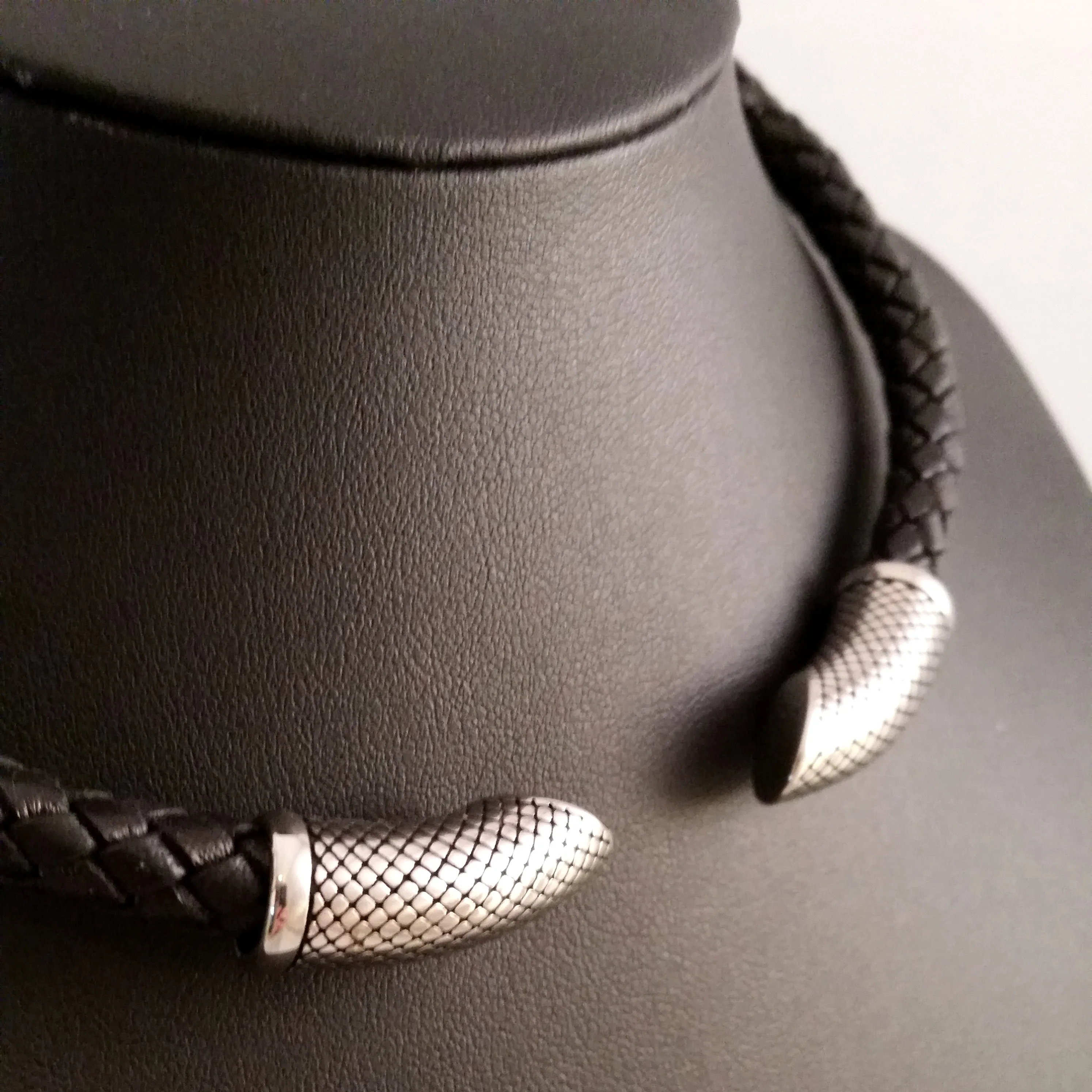 Torc Necklace Black Leather Silver Modern