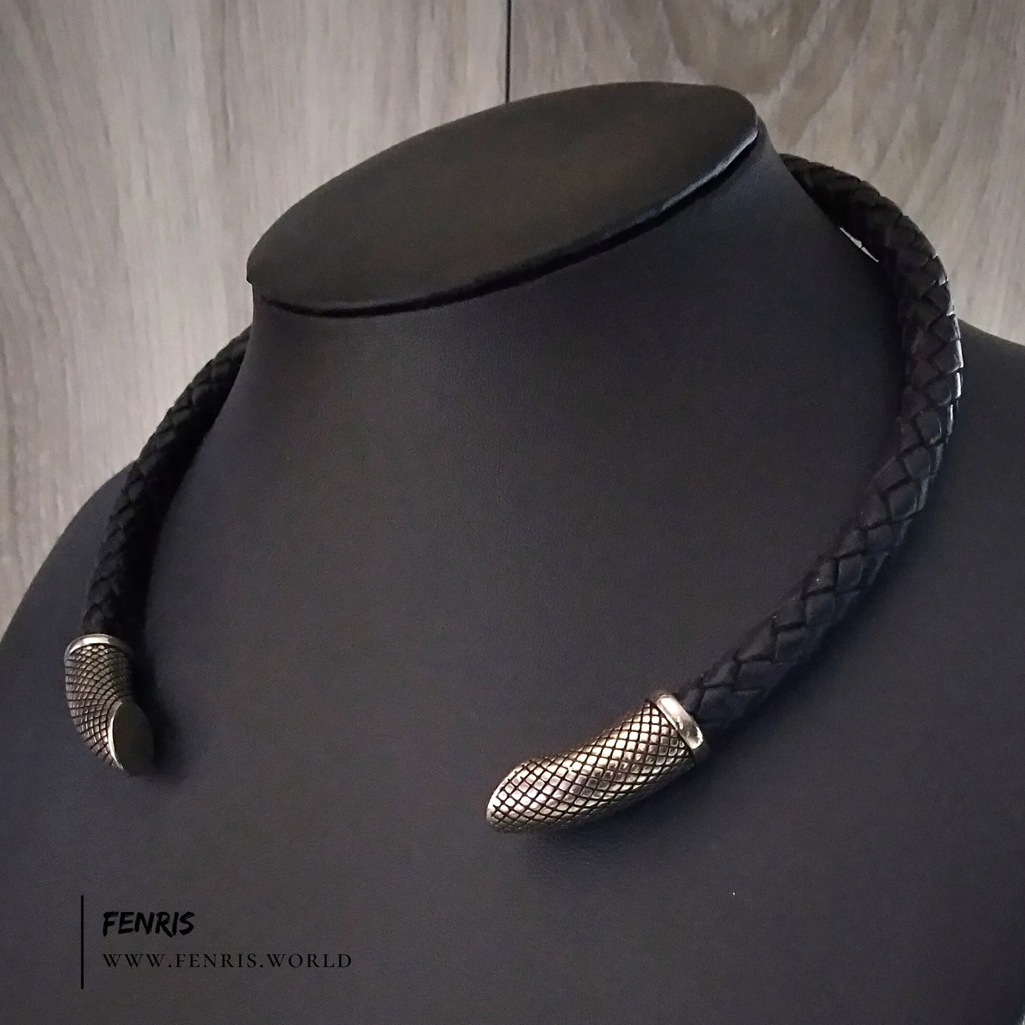 Torc Necklace Black Leather Silver Modern