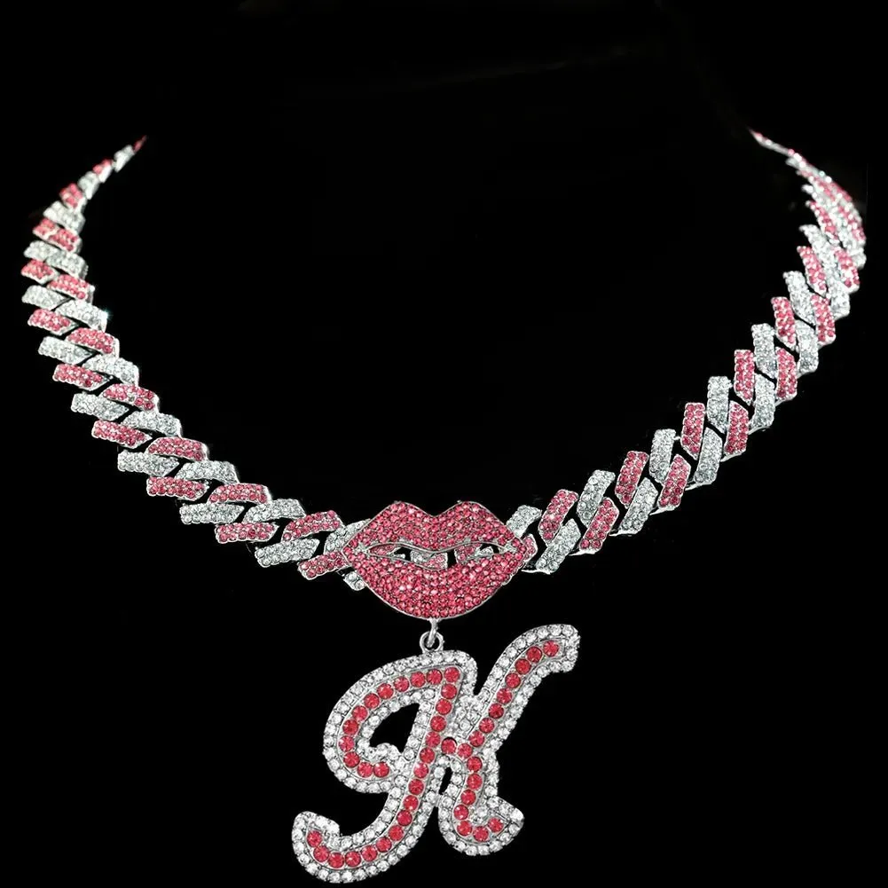 Trendy Pink Cuban Chain Rhinestone Letter Pendant Necklace