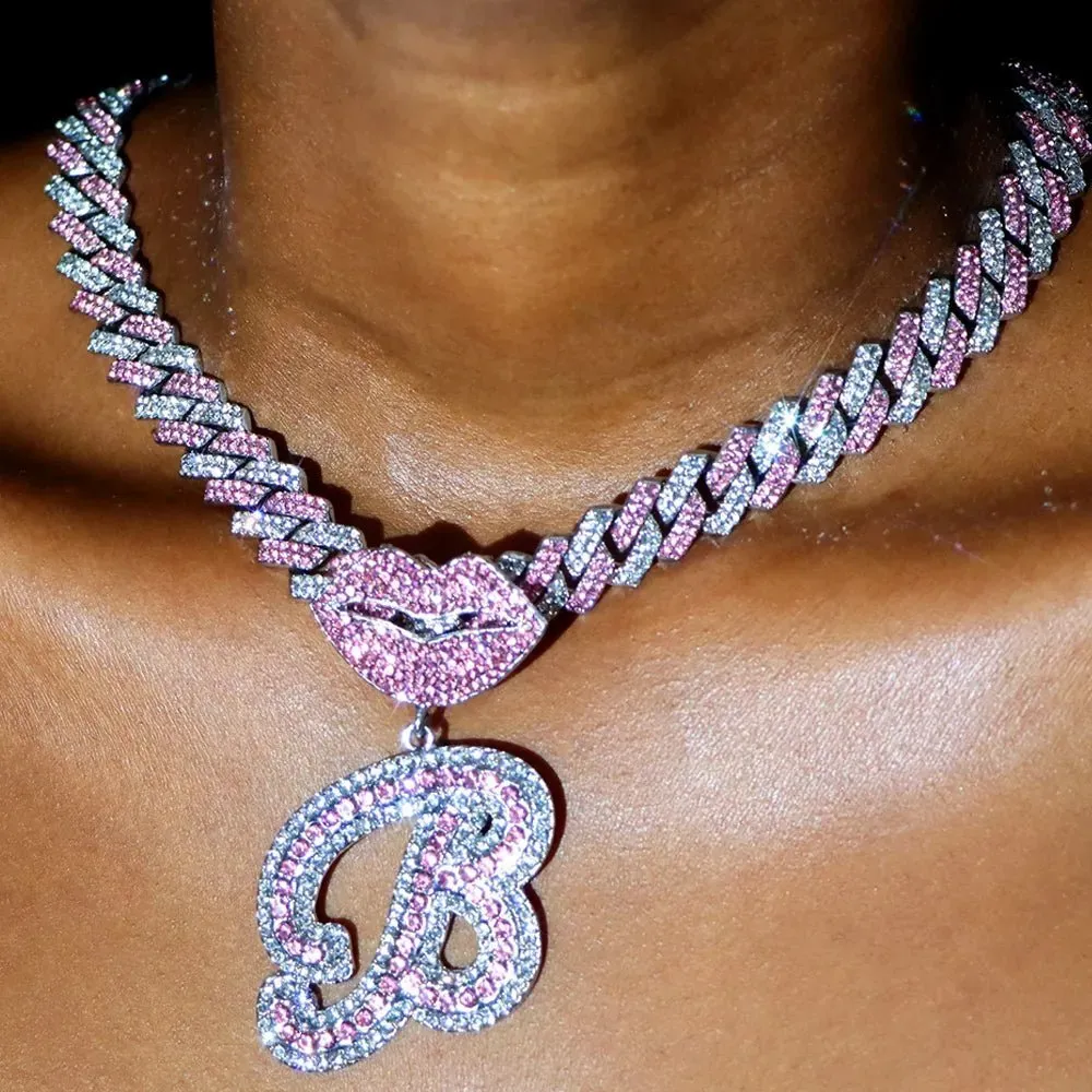 Trendy Pink Cuban Chain Rhinestone Letter Pendant Necklace