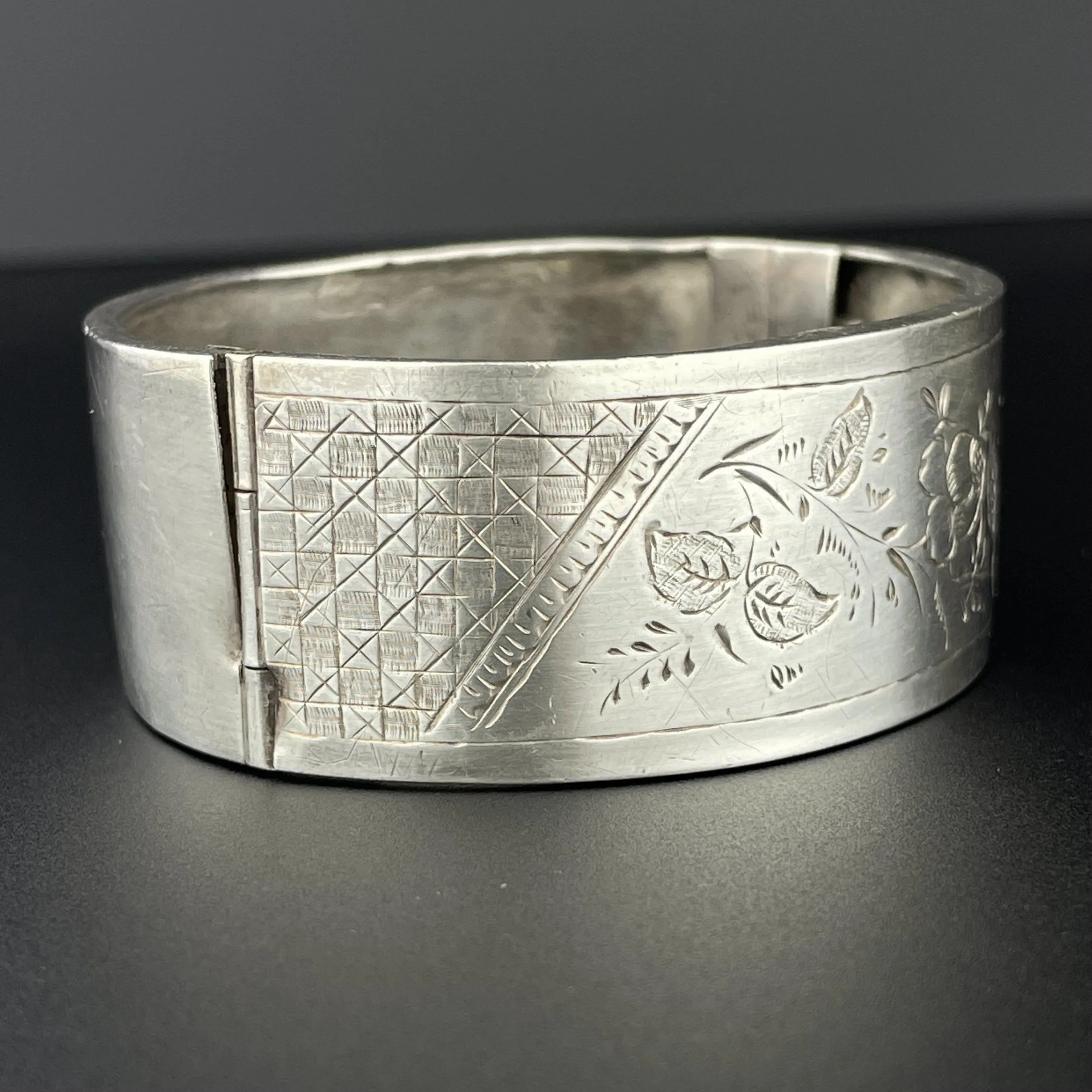 Victorian Floral Engraved Silver Bangle Cuff Bracelet