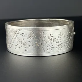 Victorian Floral Engraved Silver Bangle Cuff Bracelet