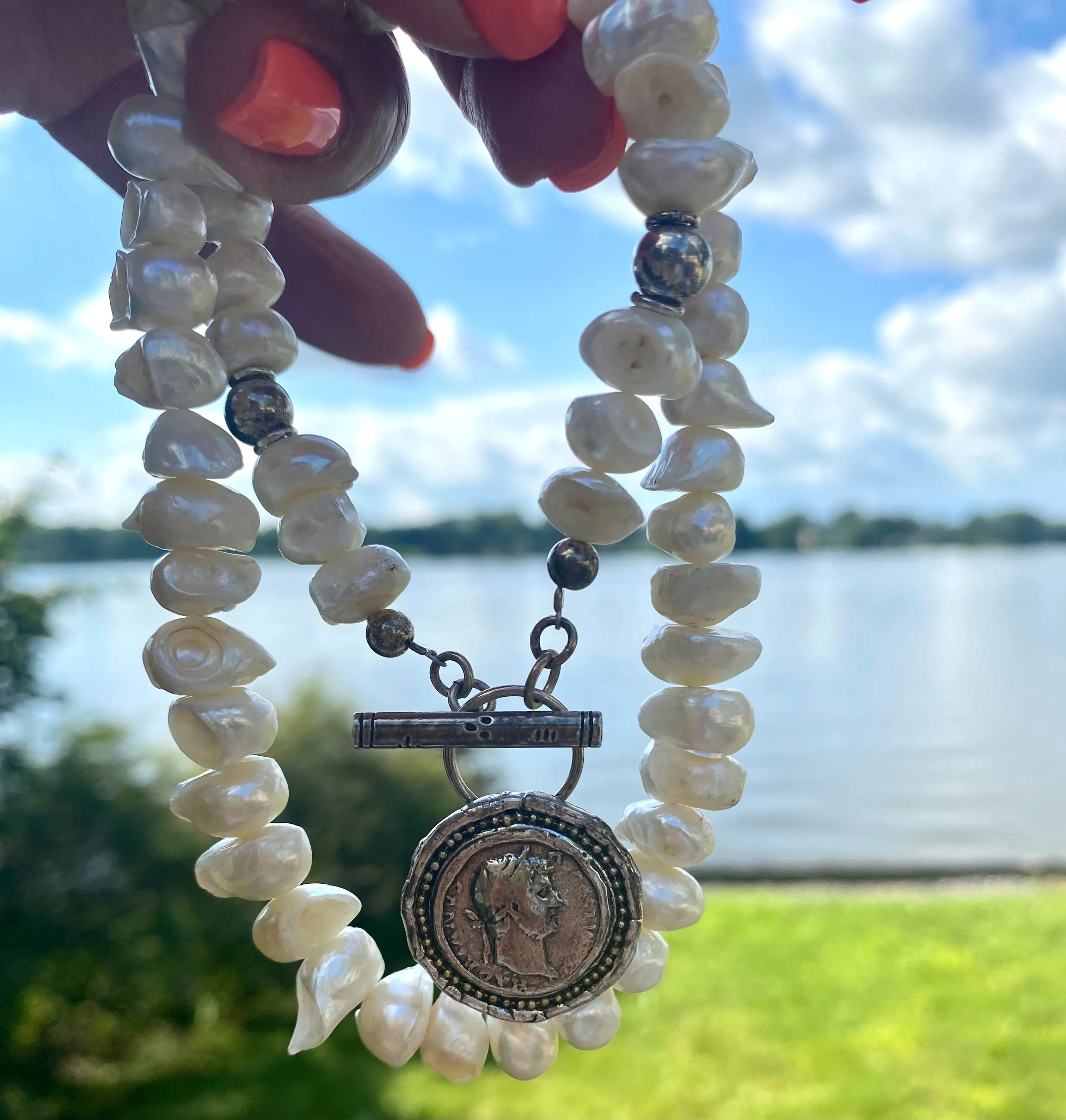 White Distressed Pearls Necklace with Repro Roman Coin Toggle Clasp, Sterling Silver, 20inches