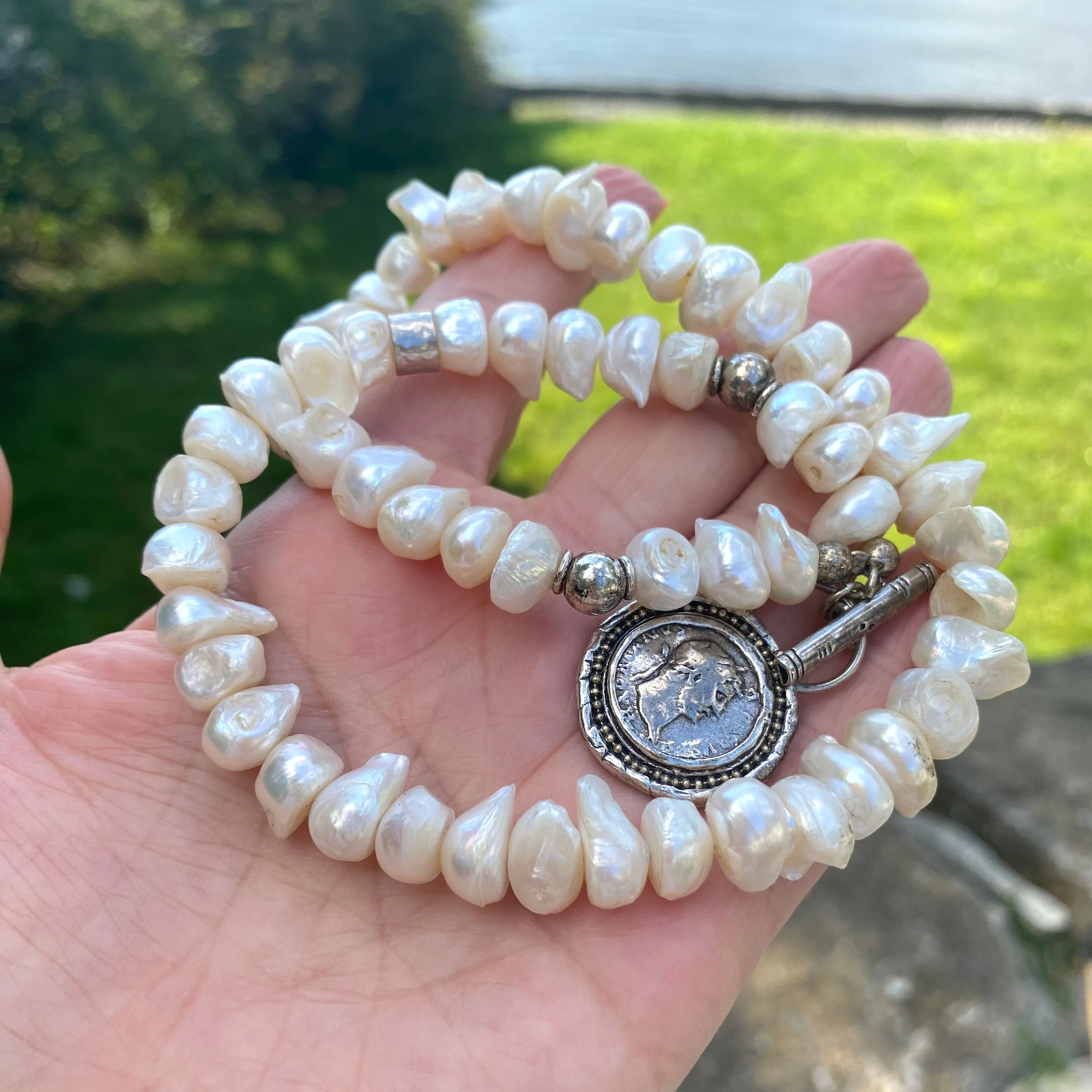 White Distressed Pearls Necklace with Repro Roman Coin Toggle Clasp, Sterling Silver, 20inches