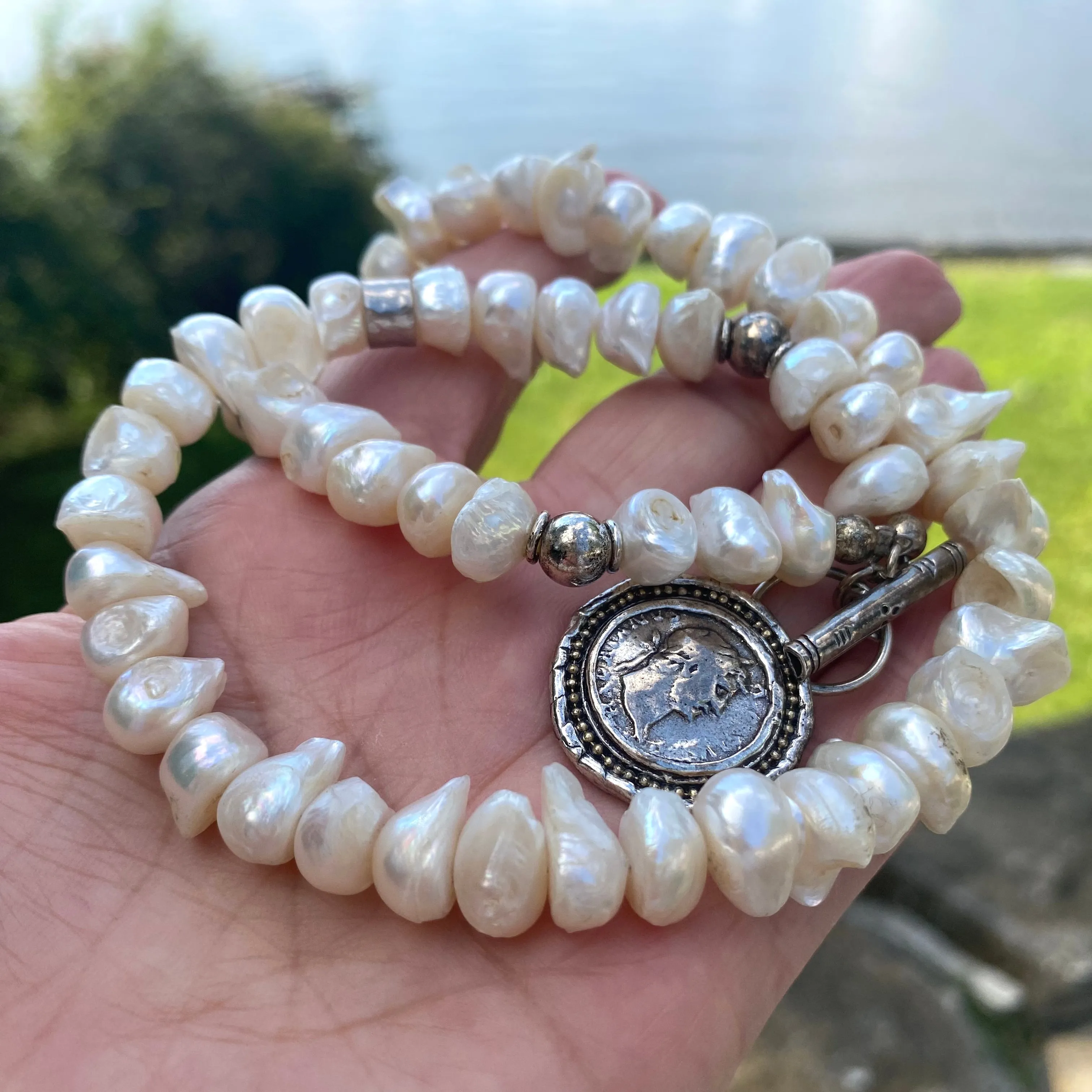 White Distressed Pearls Necklace with Repro Roman Coin Toggle Clasp, Sterling Silver, 20inches