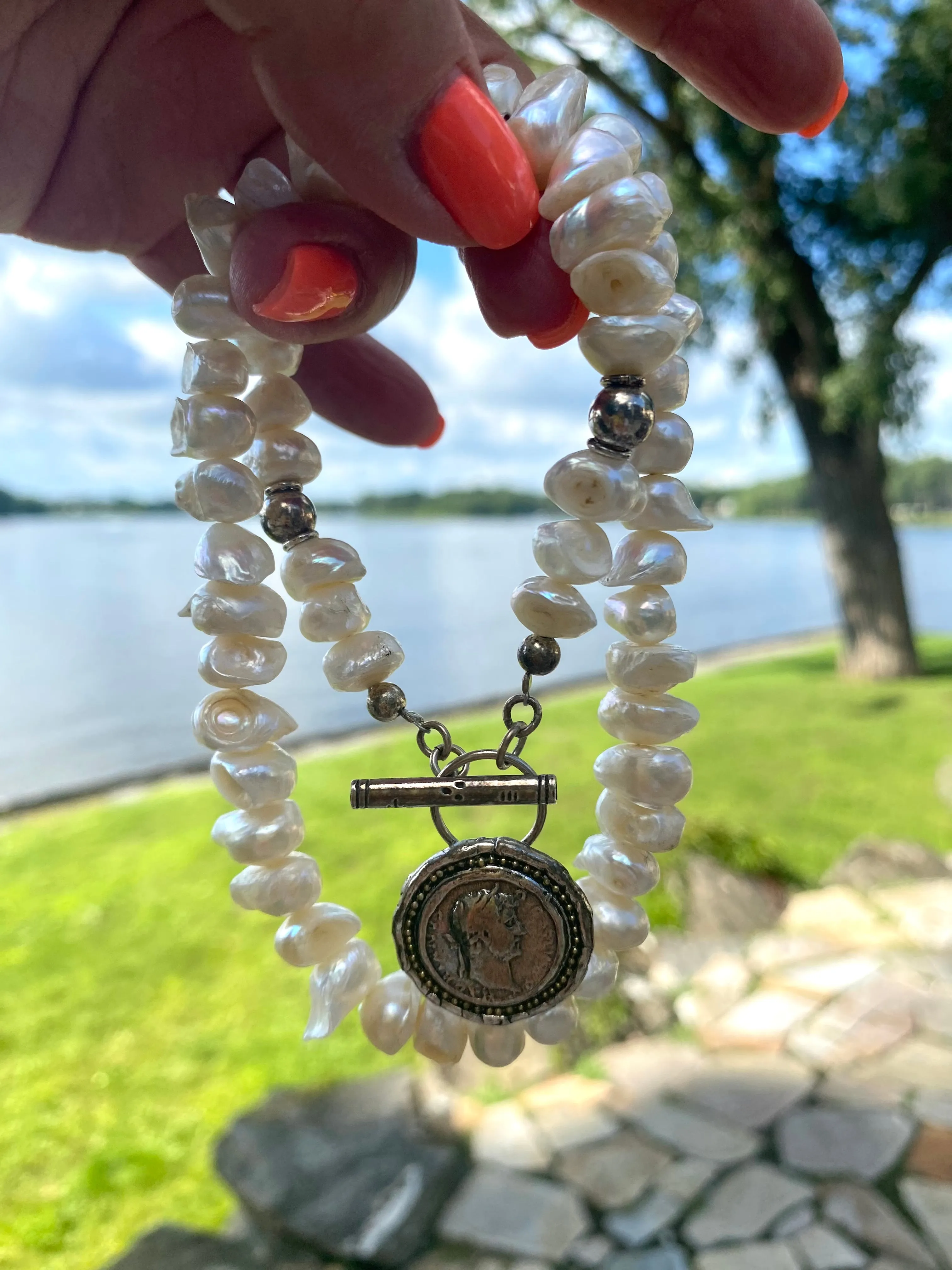 White Distressed Pearls Necklace with Repro Roman Coin Toggle Clasp, Sterling Silver, 20inches