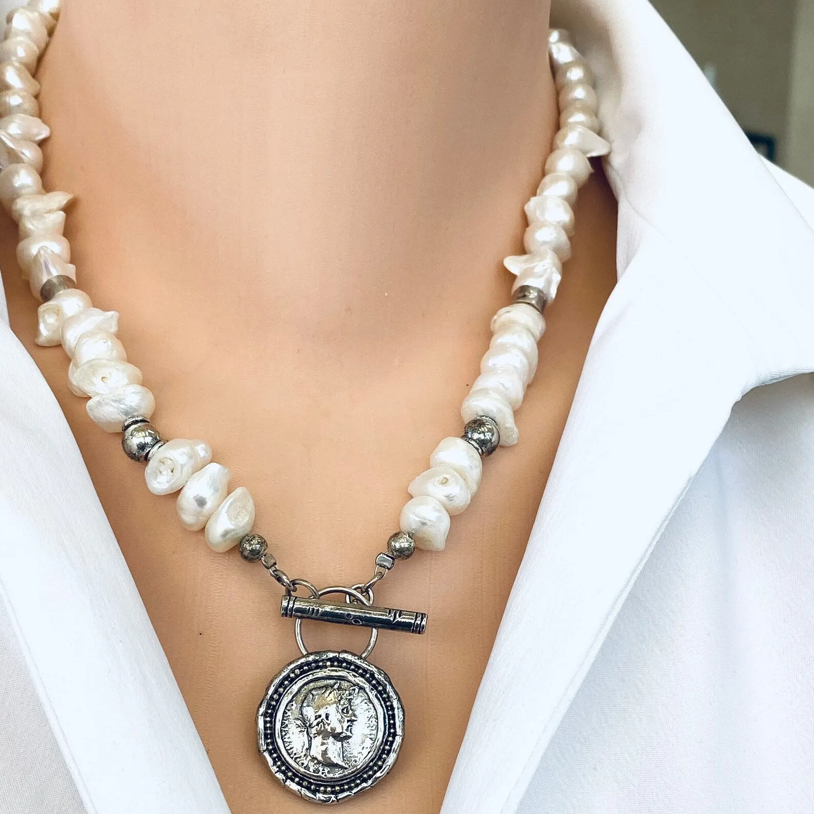 White Distressed Pearls Necklace with Repro Roman Coin Toggle Clasp, Sterling Silver, 20inches